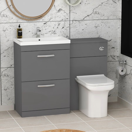 Turin 1100mm Indigo Grey Gloss 2-Drawers Mid-Edge Basin with Crosby Back to Wall Toilet Pack