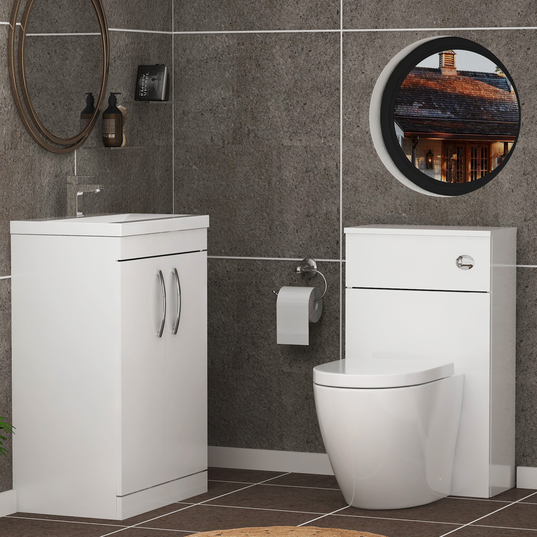 Turin 2-Door Gloss White Mid-Edge Floor Standing Bathroom Furniture Pack -  Elva Toilet