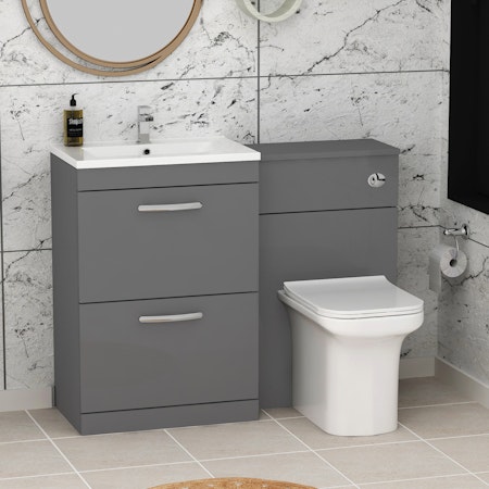 Turin 1100mm Indigo Grey Gloss 2-Drawers Minimalist Basin with Crosby Back to Wall Toilet Pack