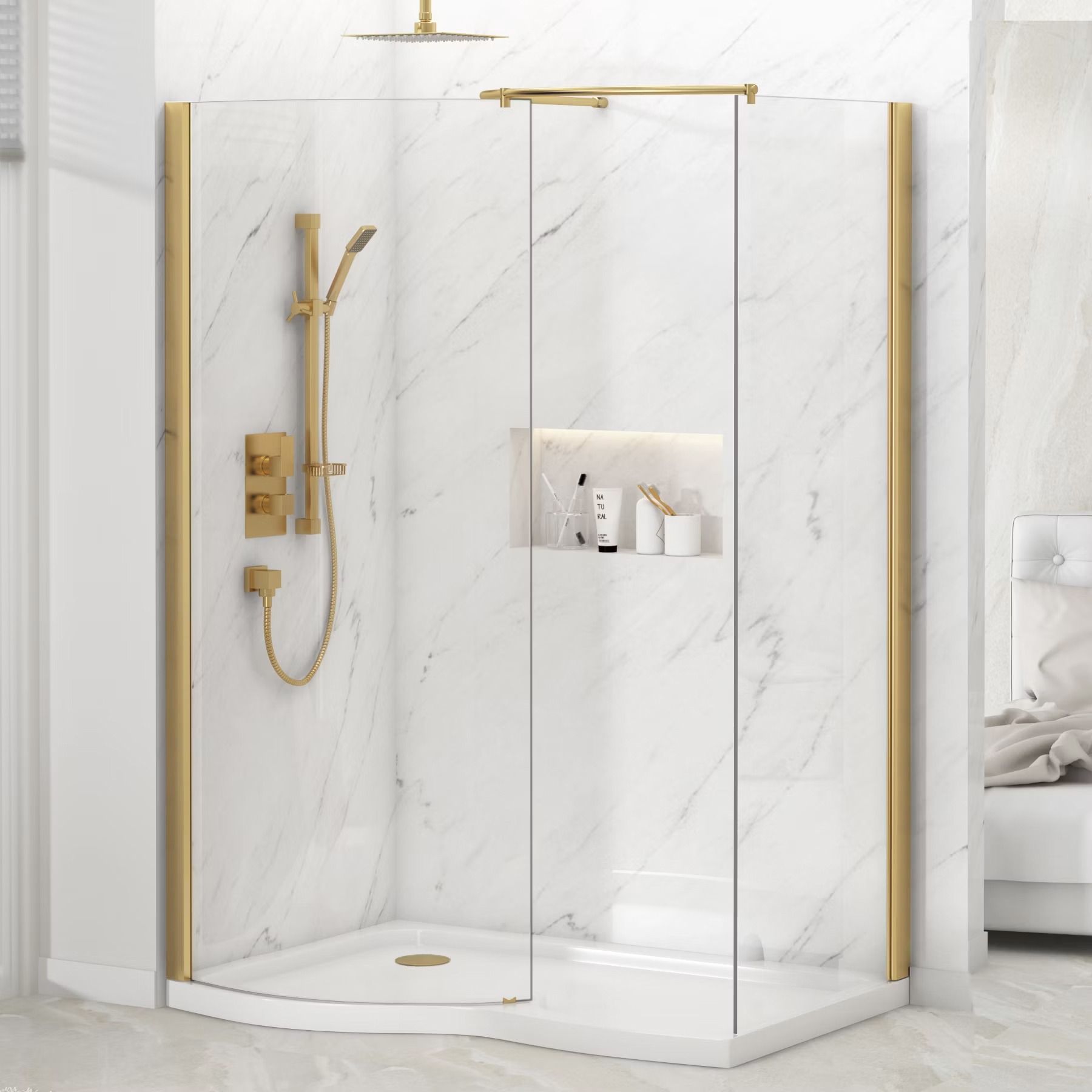 Milan 1400 x 900mm Curved Walk In Enclosure 8mm Glass + LH Tray - Brushed Brass
