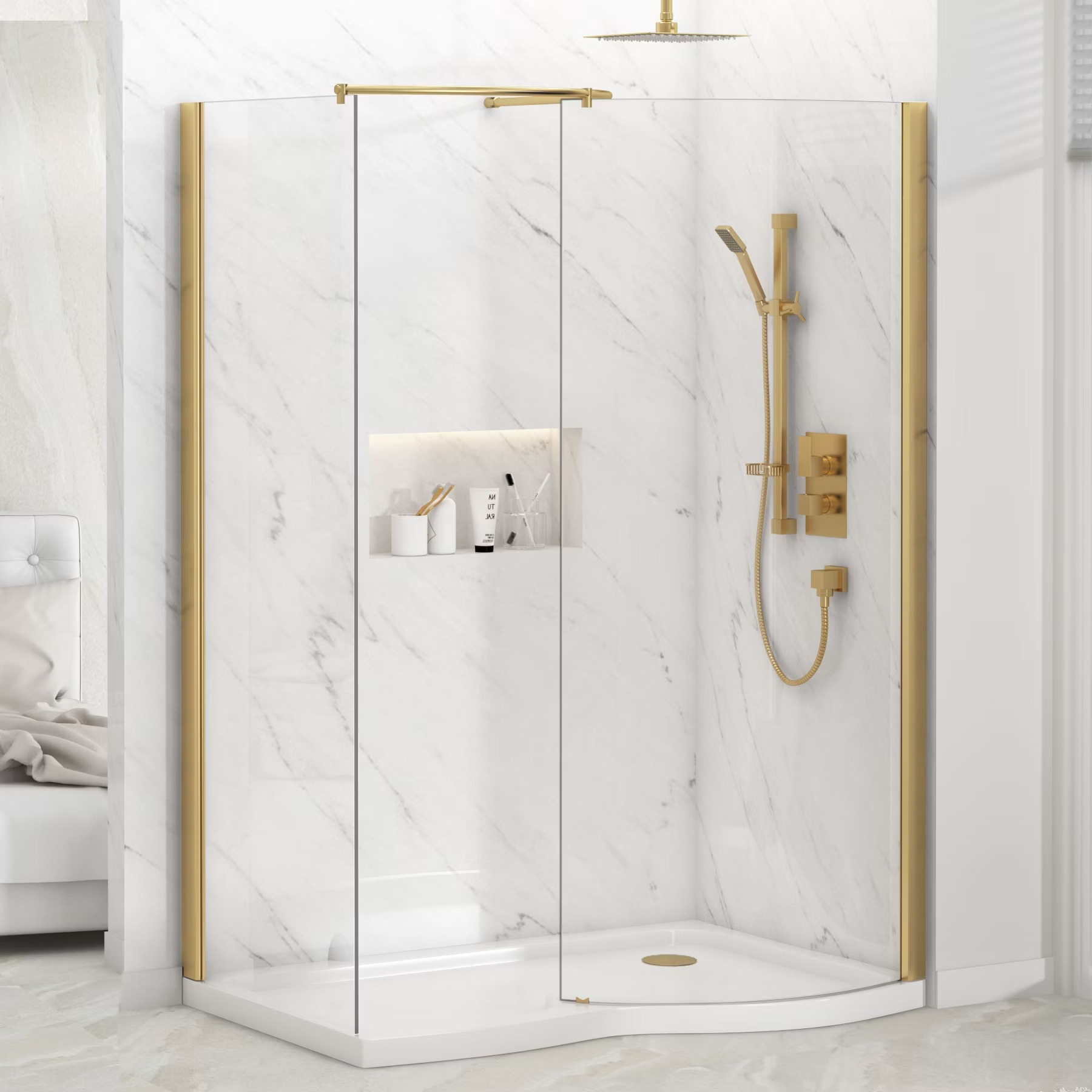 Milan 1400 x 900mm Curved Walk In Enclosure 8mm Glass + Tray - Brushed Brass