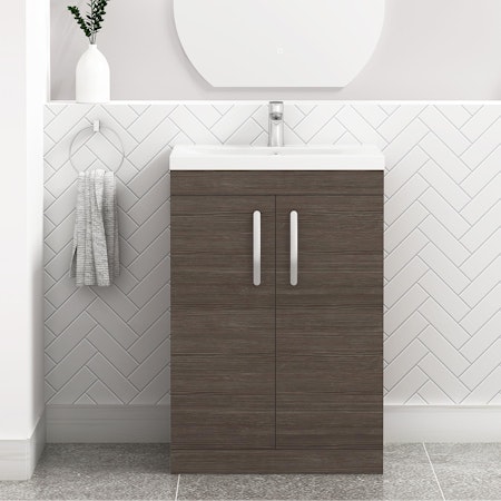Turin 600mm Floor Standing Vanity Sink Unit Grey Elm 2 Door - Mid-Edge - Royal Bathrooms