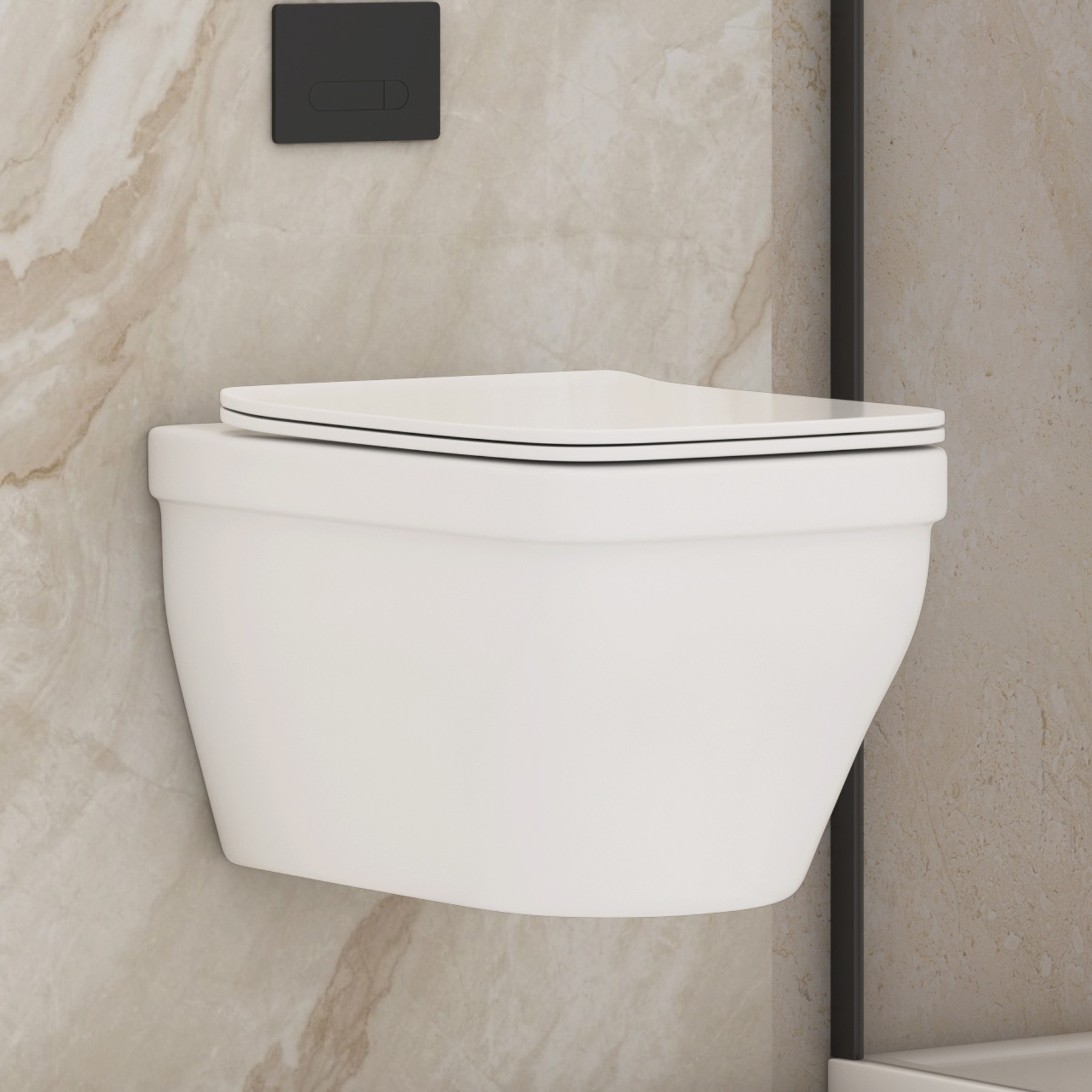 Evora Short Projection Wall Hung Rimless Toilet Pan with Slim Soft Close Seat