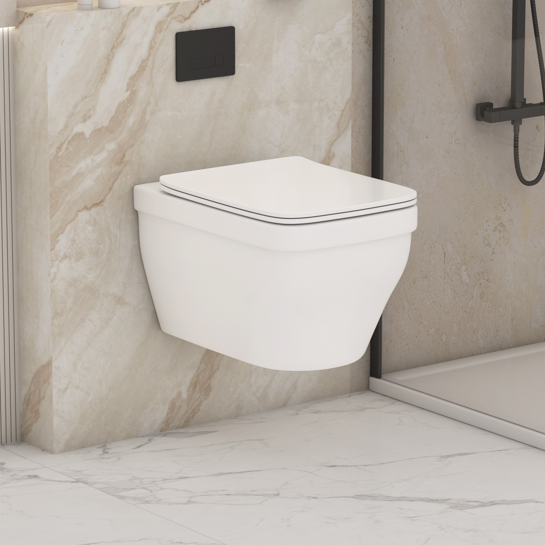 Evora Short Projection Wall Hung Rimless Toilet Pan with Slim Soft Close Seat