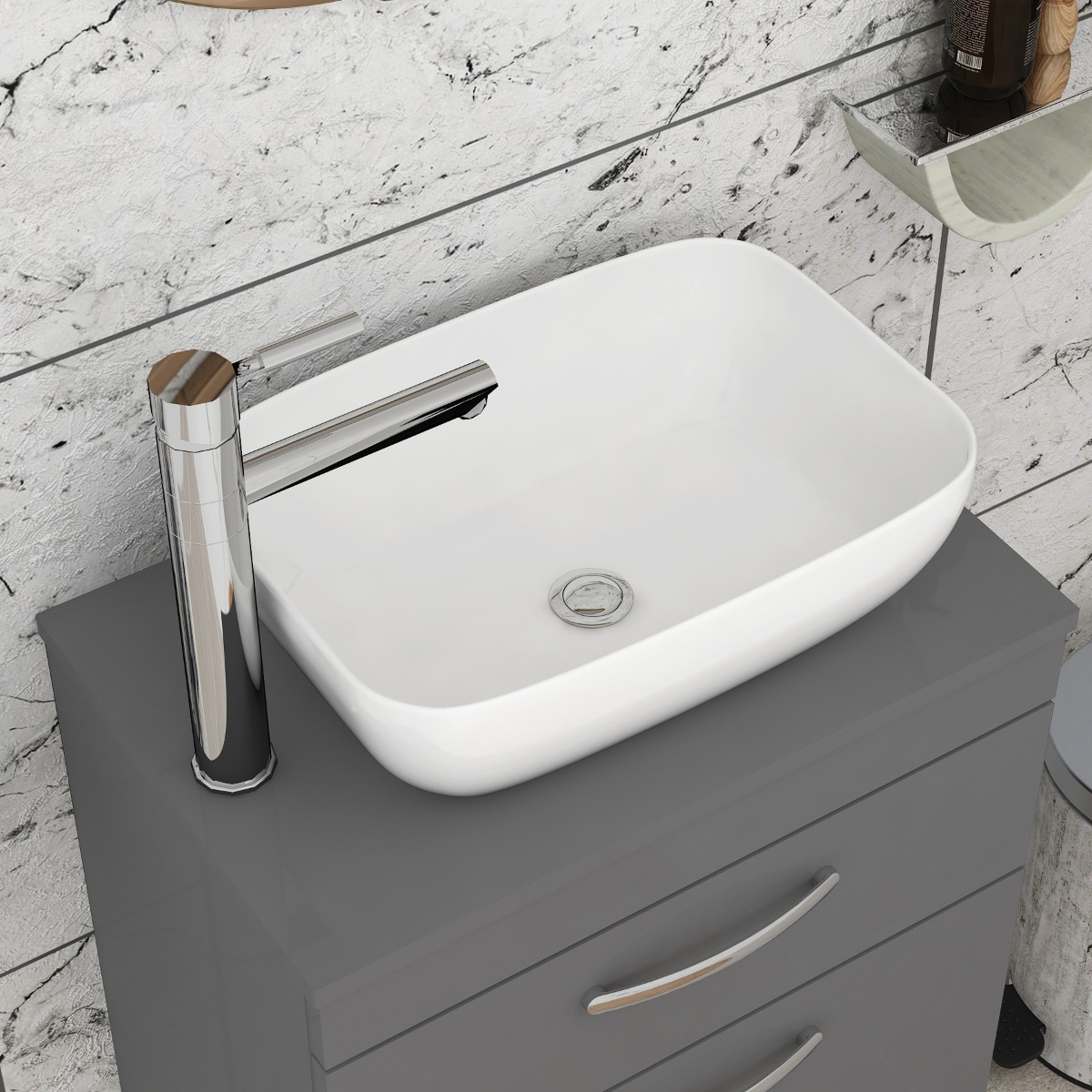 500/600/800mm Floor Standing Vanity Unit 2 Drawer Indigo Grey Gloss & Countertop Basin - Elva
