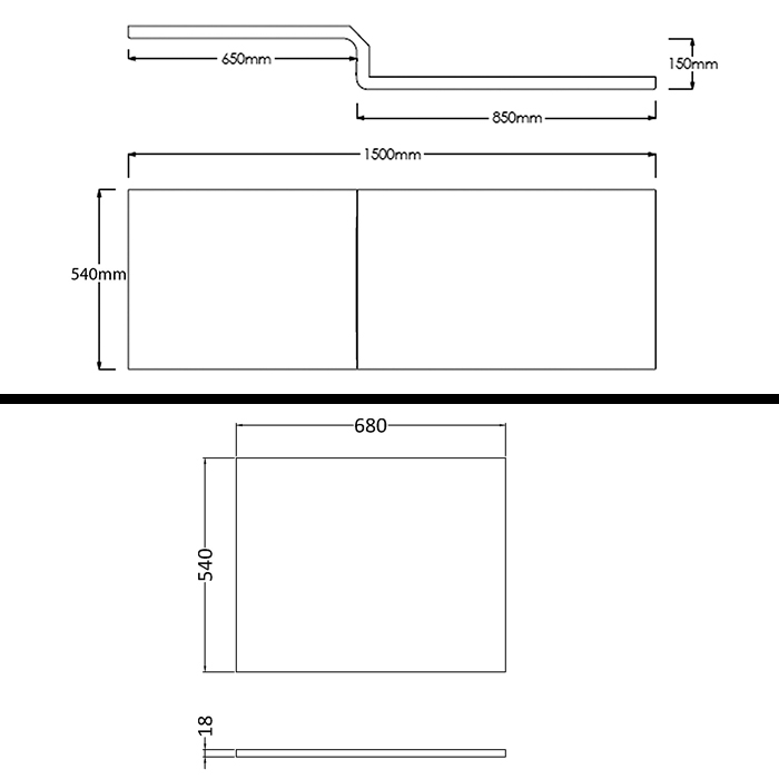 Qubix 1500 x 850mm Right Hand L Shaped Shower Bath tub with MDf Front, End Panel & Shower Screen