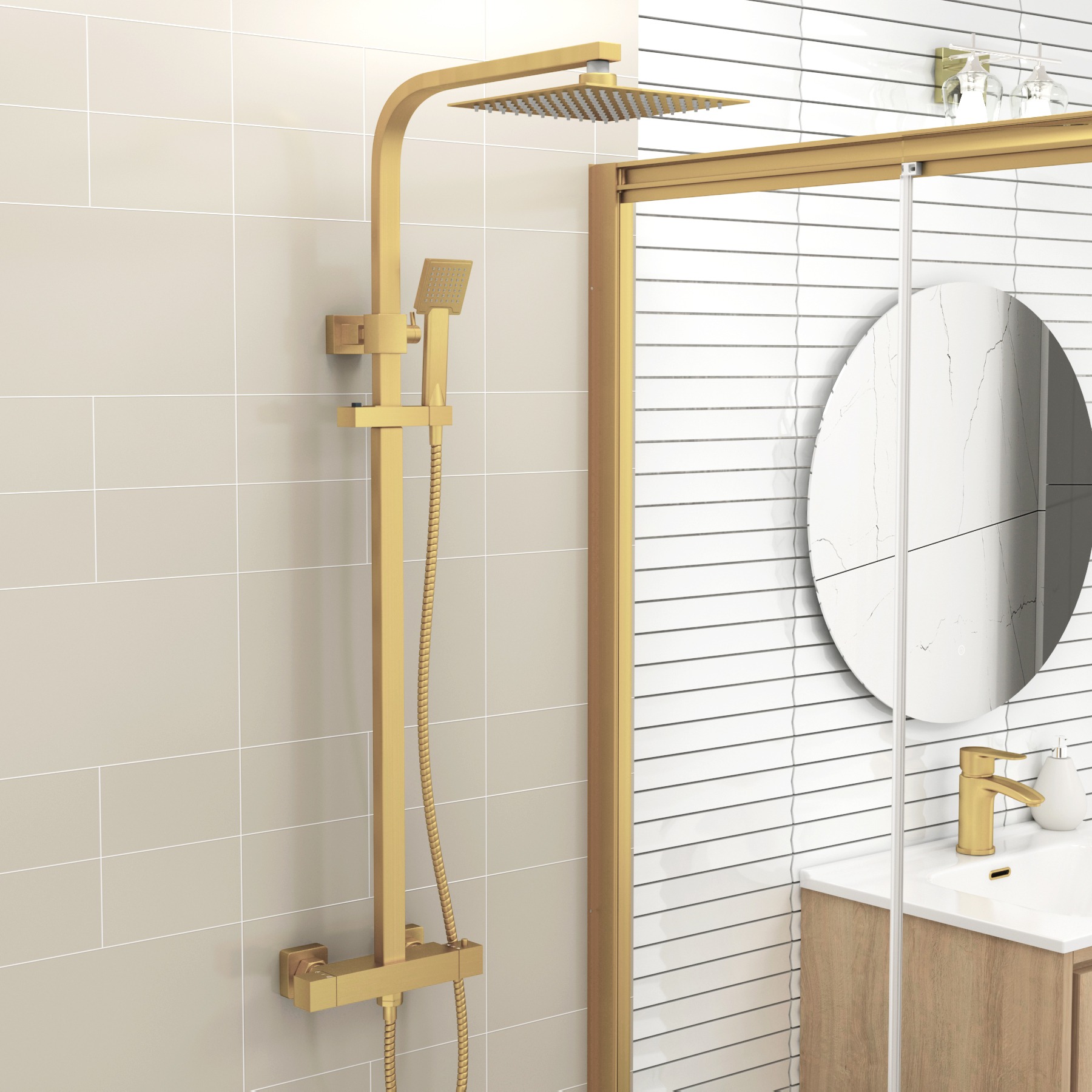 Venice Brushed Brass Square Thermostatic Valve Bar Shower Kit