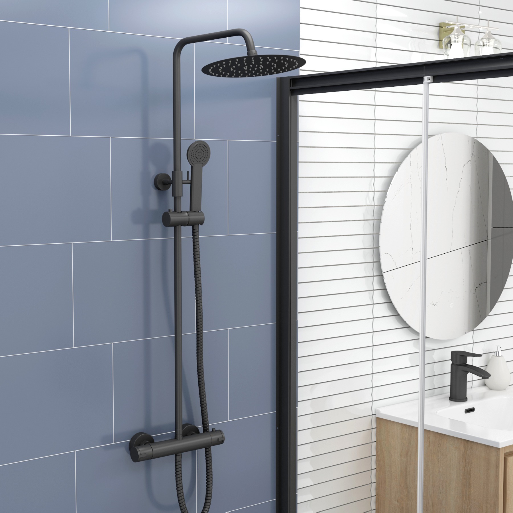Milan Matt Black Round Thermostatic Valve Bar Shower Kit