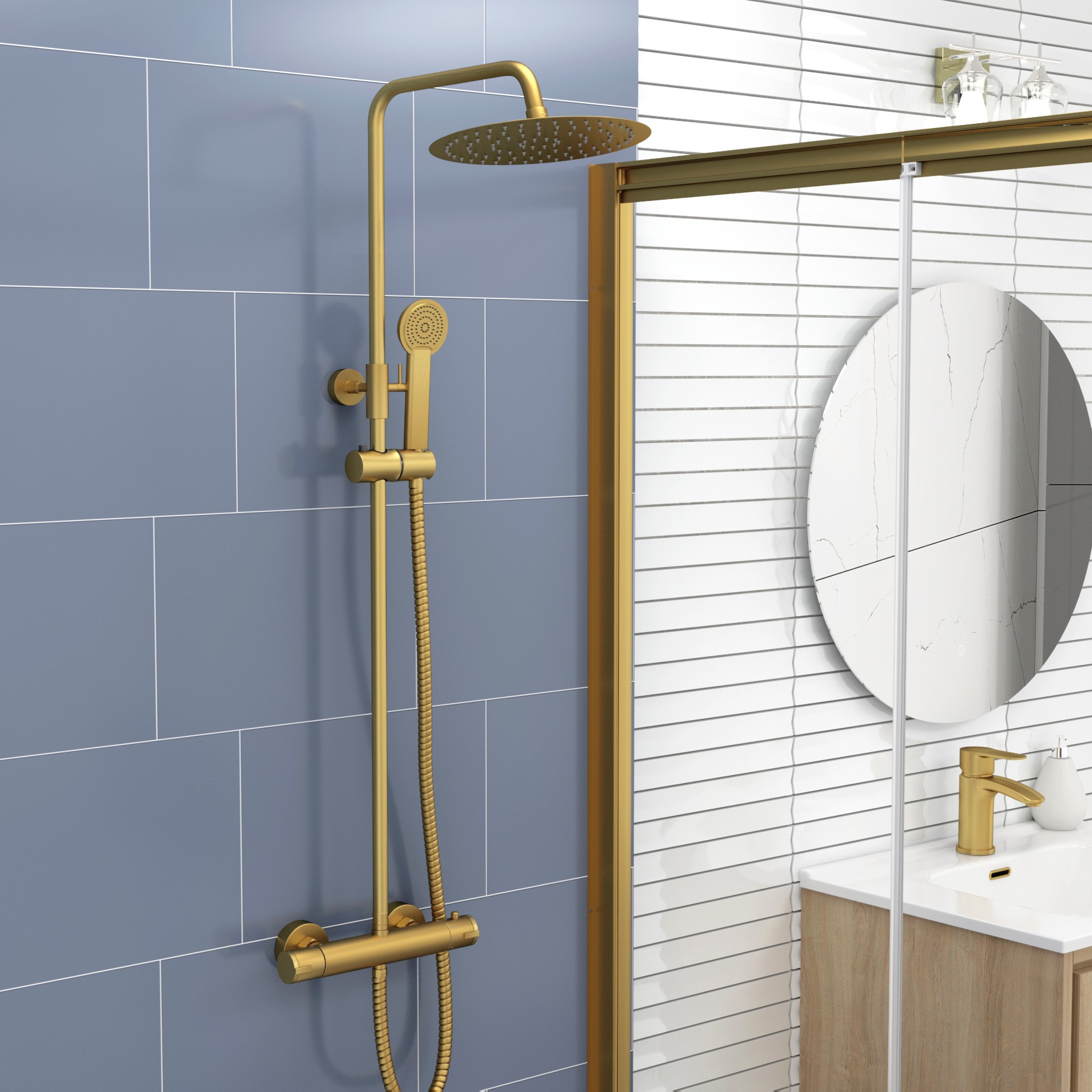 Venice Brushed Brass Round Thermostatic Valve Bar Shower Kit