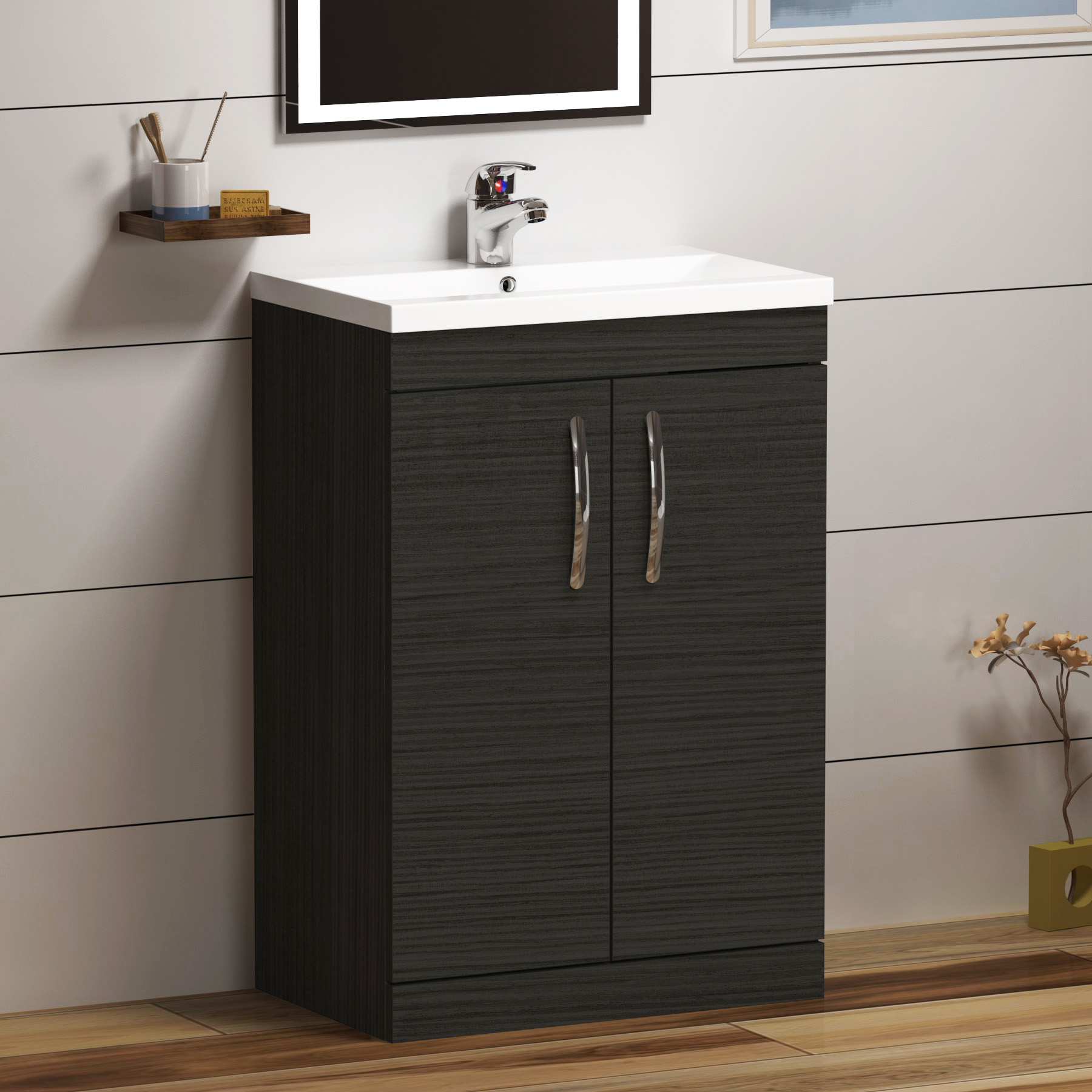 Cloakroom suite 500mm Hale Black 2 Door Floor Standing Vanity Unit With Peak Toilet and Soft Close Seat
