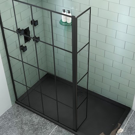 Milan Matt Black Grid 300mm Wet Room Flipper Panel for Shower Screen - 8mm Easy Clean Glass
