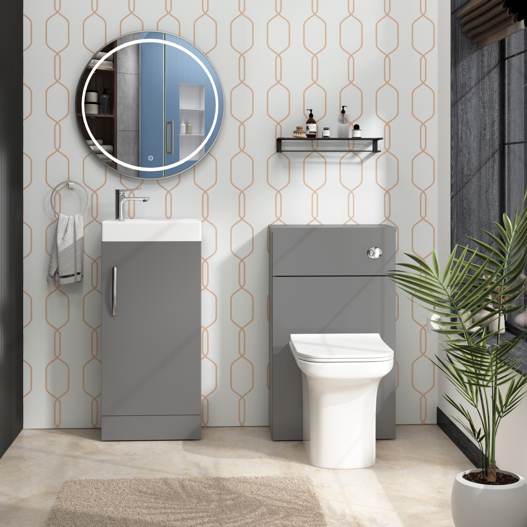 500mm Grey Gloss BTW WC Unit with Crosby Rimless Toilet Pan & Seat, Cistern