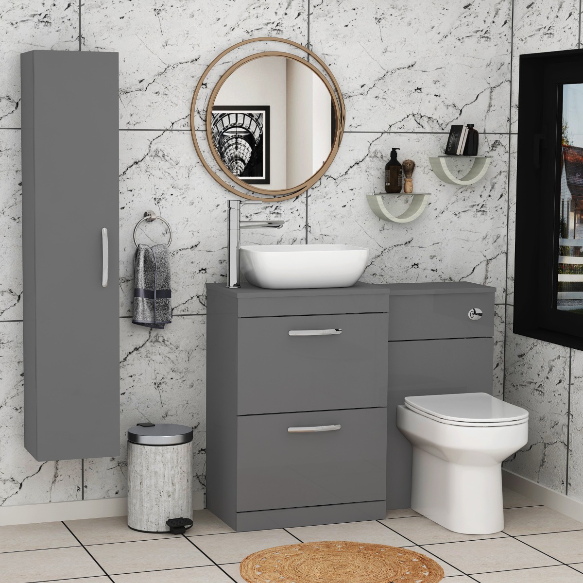500/600/800mm Floor Standing Vanity Unit 2 Drawer Indigo Grey Gloss & Countertop Basin - Elva
