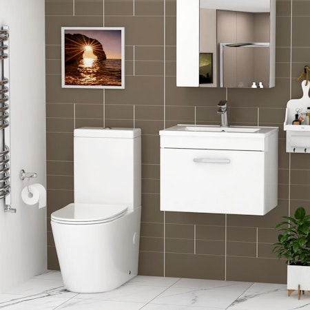 Turin 500mm Gloss White Wall Hung 1-Drawer Vanity Unit with Cesar Close Coupled Toilet - Slim