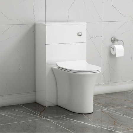 500mm Gloss White BTW WC Unit with Breeze Rimless Toilet Pan & Seat, Cistern