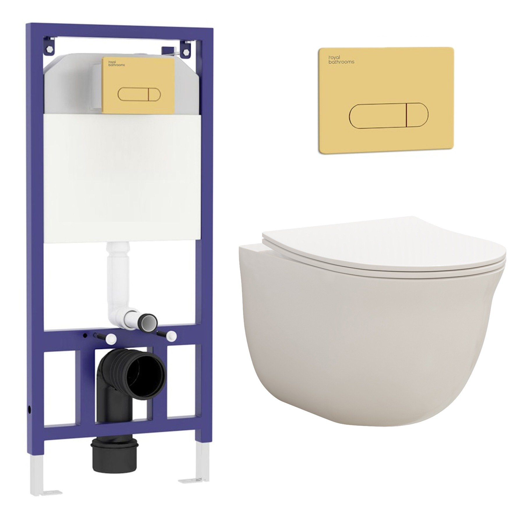 Divine Wall Hung Rimless Toilet with Slim Soft Close Seat & Aqua Brass Plate Wall Hung Frame