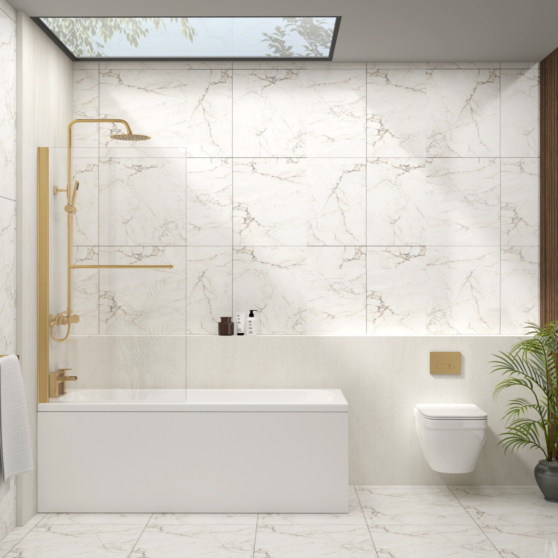 Modern 1400mm Straight Shower Bath Hinged Screen With Brushed Brass Wall Profile And Rail