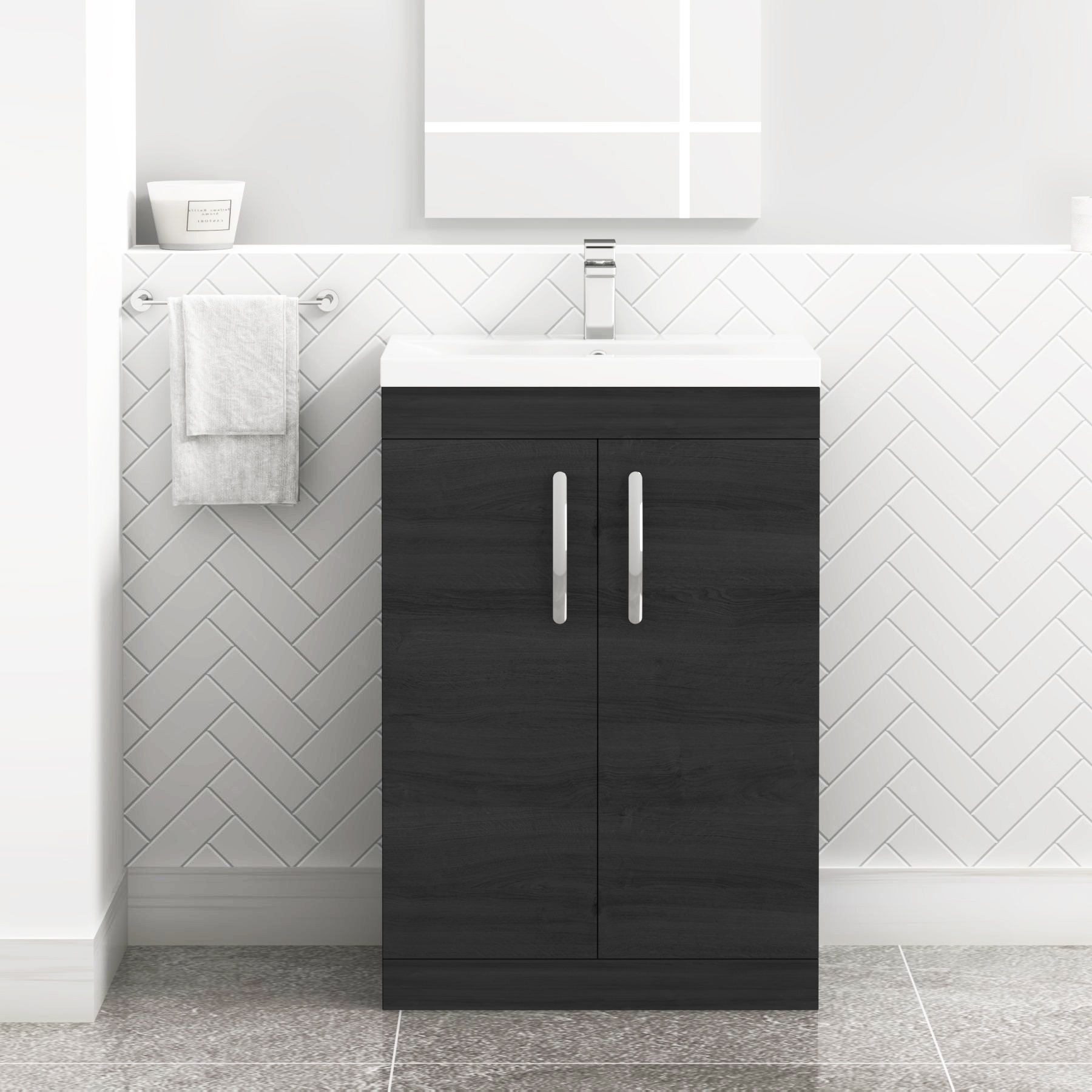Turin 600mm Floor Standing Vanity Sink Unit Hale Black 2 Door - Mid-Edge