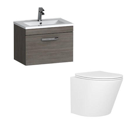 Cloakroom Suite 500mm Grey Elm 1 Drawer Wall Hung Vanity Unit Minimalist Basin & Cesar Wall Mounted Toilet