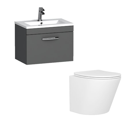 Cloakroom Suite 500mm Indigo Grey Gloss 1 Drawer Wall Hung Vanity Unit Minimalist Basin & Cesar Wall Mounted Toilet