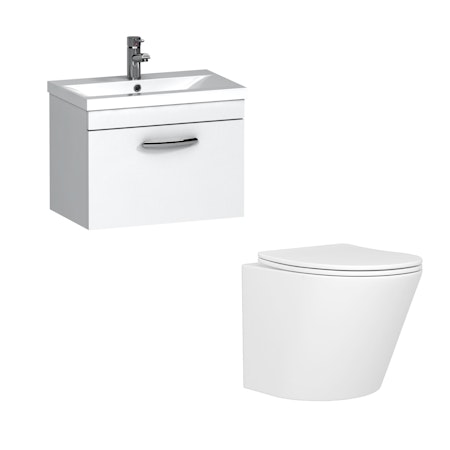 Cloakroom Suite 500mm Gloss White 1 Drawer Wall Hung Vanity Unit Mid Edge Basin & Cesar Wall Mounted Toilet