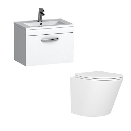 Cloakroom Suite 600mm Gloss White 1 Drawer Wall Hung Vanity Unit Minimalist Basin & Cesar Wall Mounted Toilet