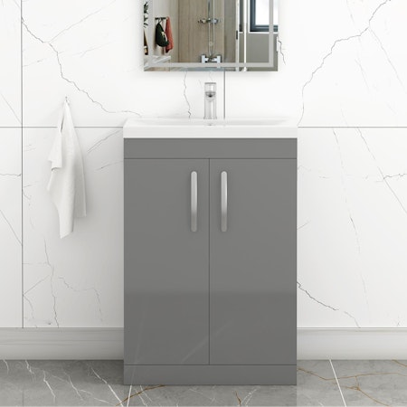  600mm Indigo Grey Gloss Floor Standing 2 Door Vanity Unit and Optional Basin - Mid Edge / Minimalist