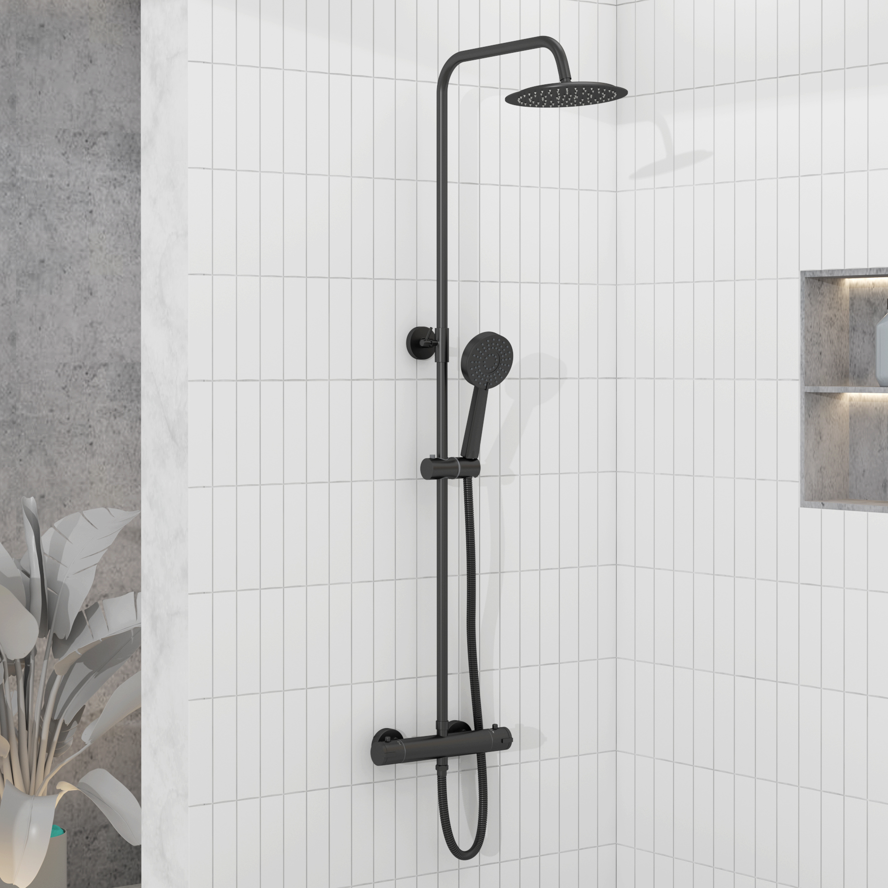 Euston Matt Black Round Thermostatic Valve Bar Rigid Riser Shower Set