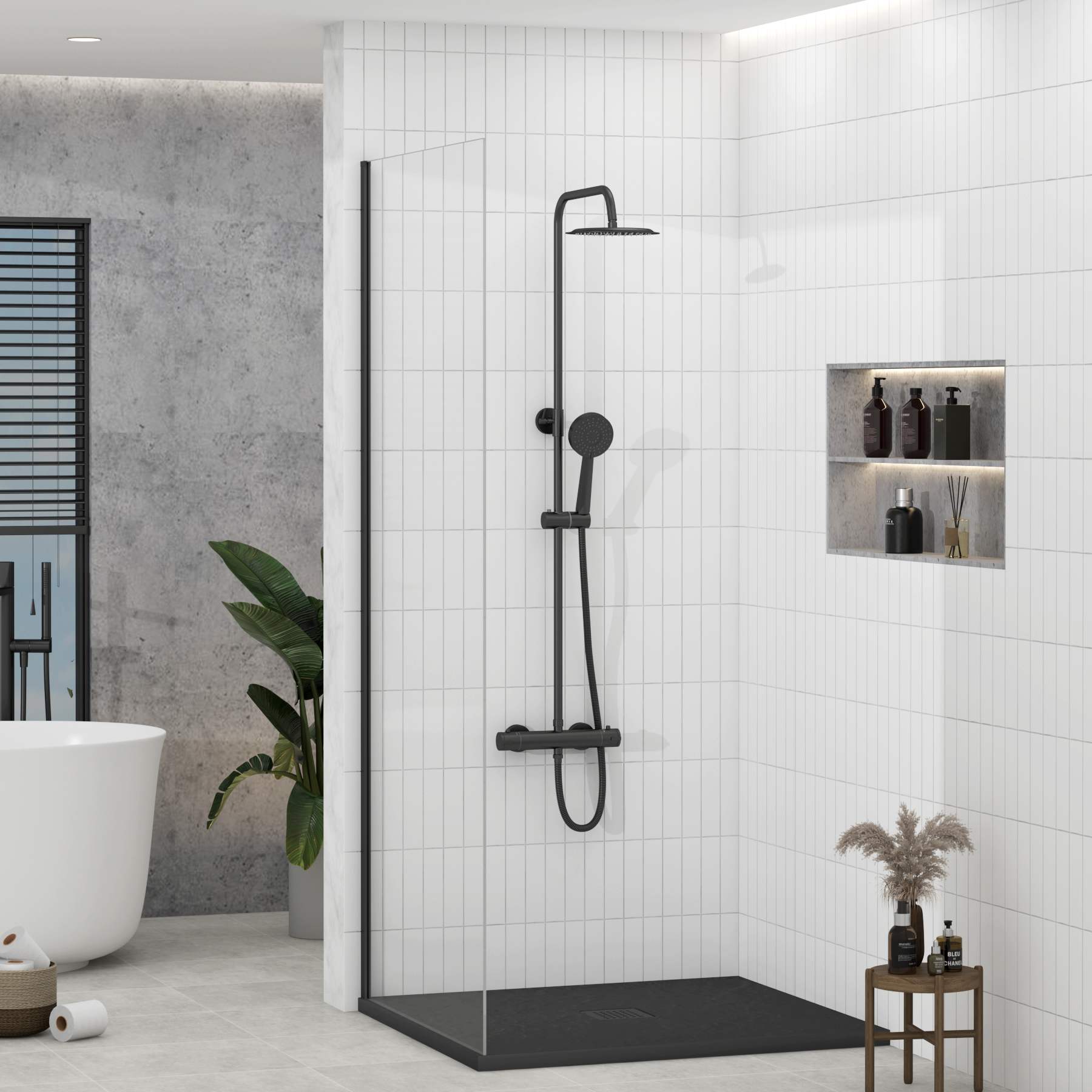 Euston Matt Black Round Thermostatic Valve Bar Rigid Riser Shower Set