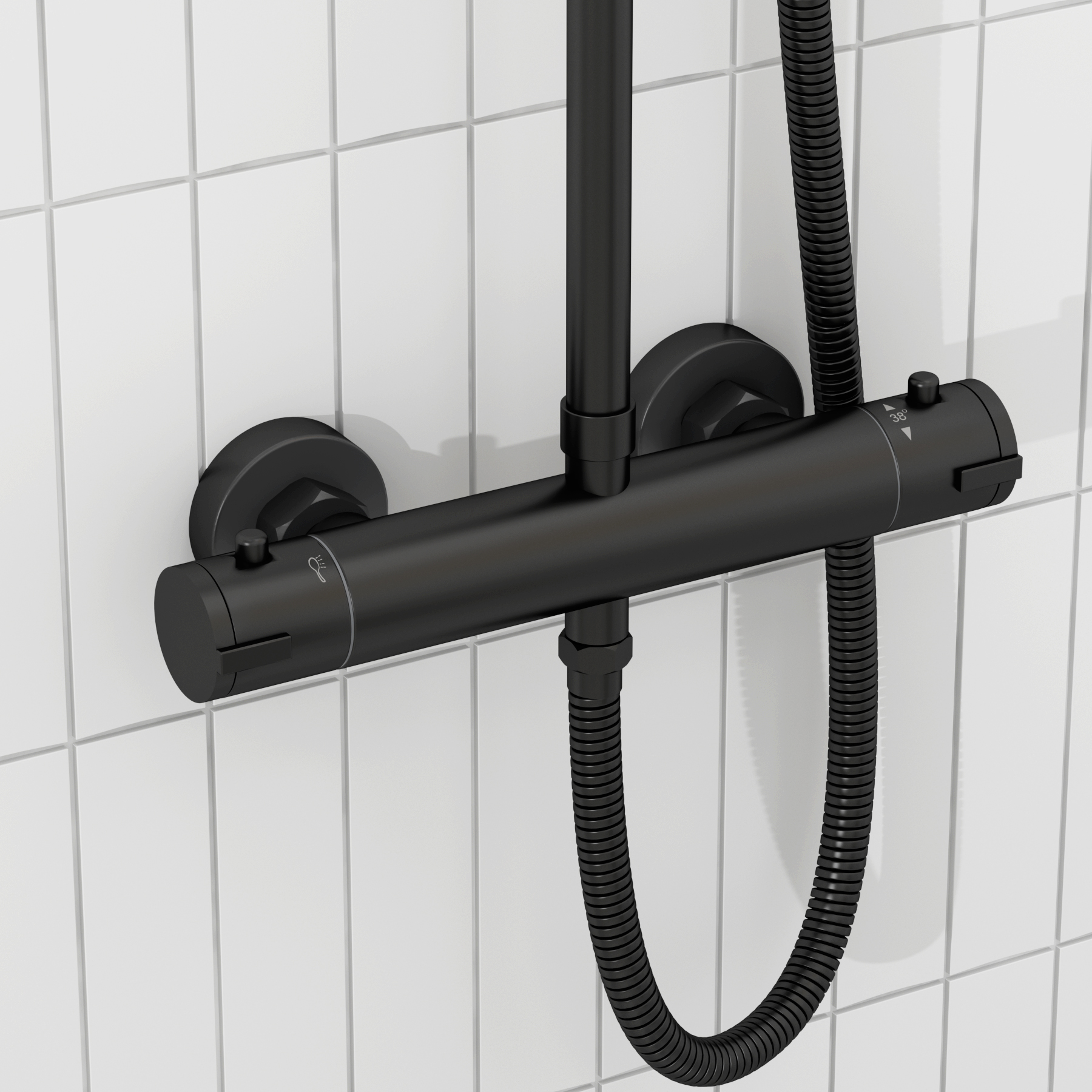 Euston Matt Black Round Thermostatic Valve Bar Rigid Riser Shower Set