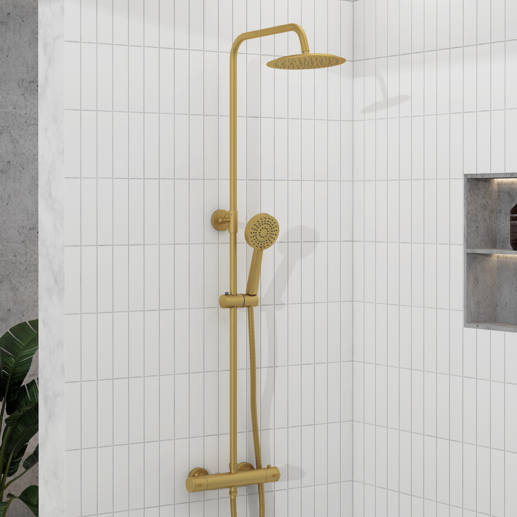 Euston Brushed Brass Round Thermostatic Valve Bar Rigid Riser Shower Set