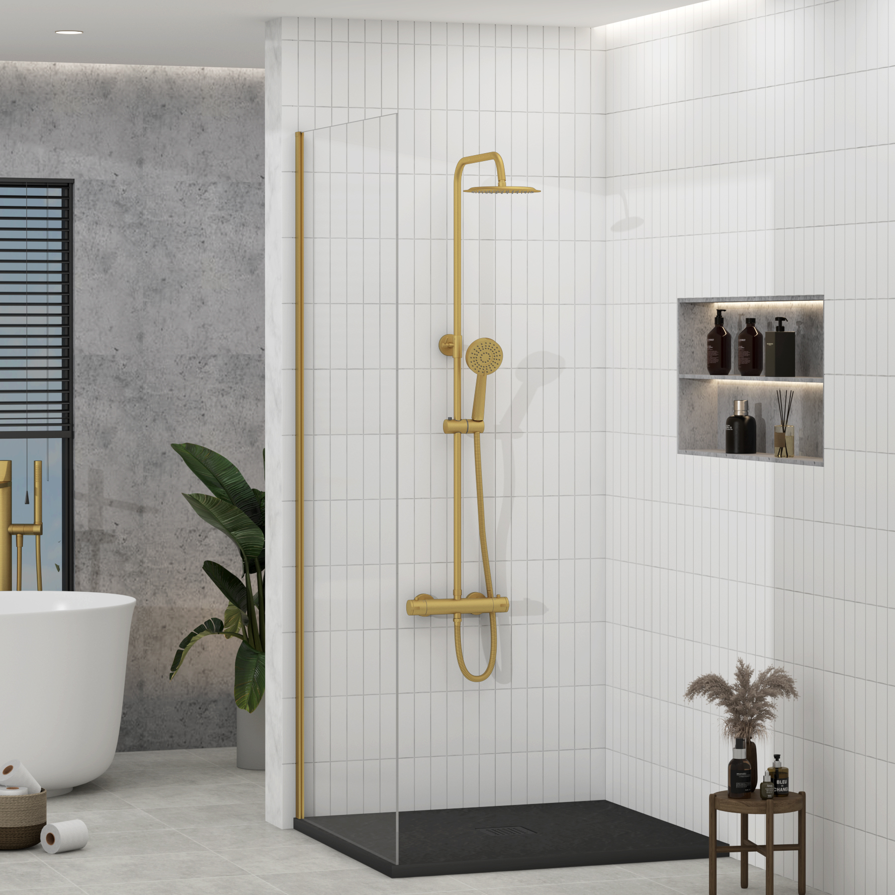 Euston Brushed Brass Round Thermostatic Valve Bar Rigid Riser Shower Set