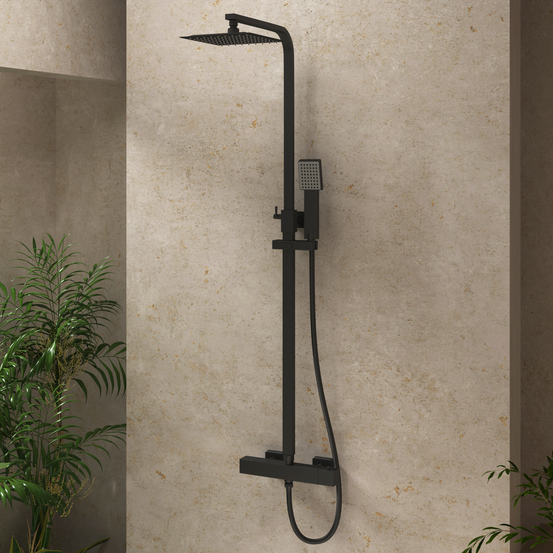 Euston Matt Black Square Thermostatic Valve Bar Rigid Riser Shower Set