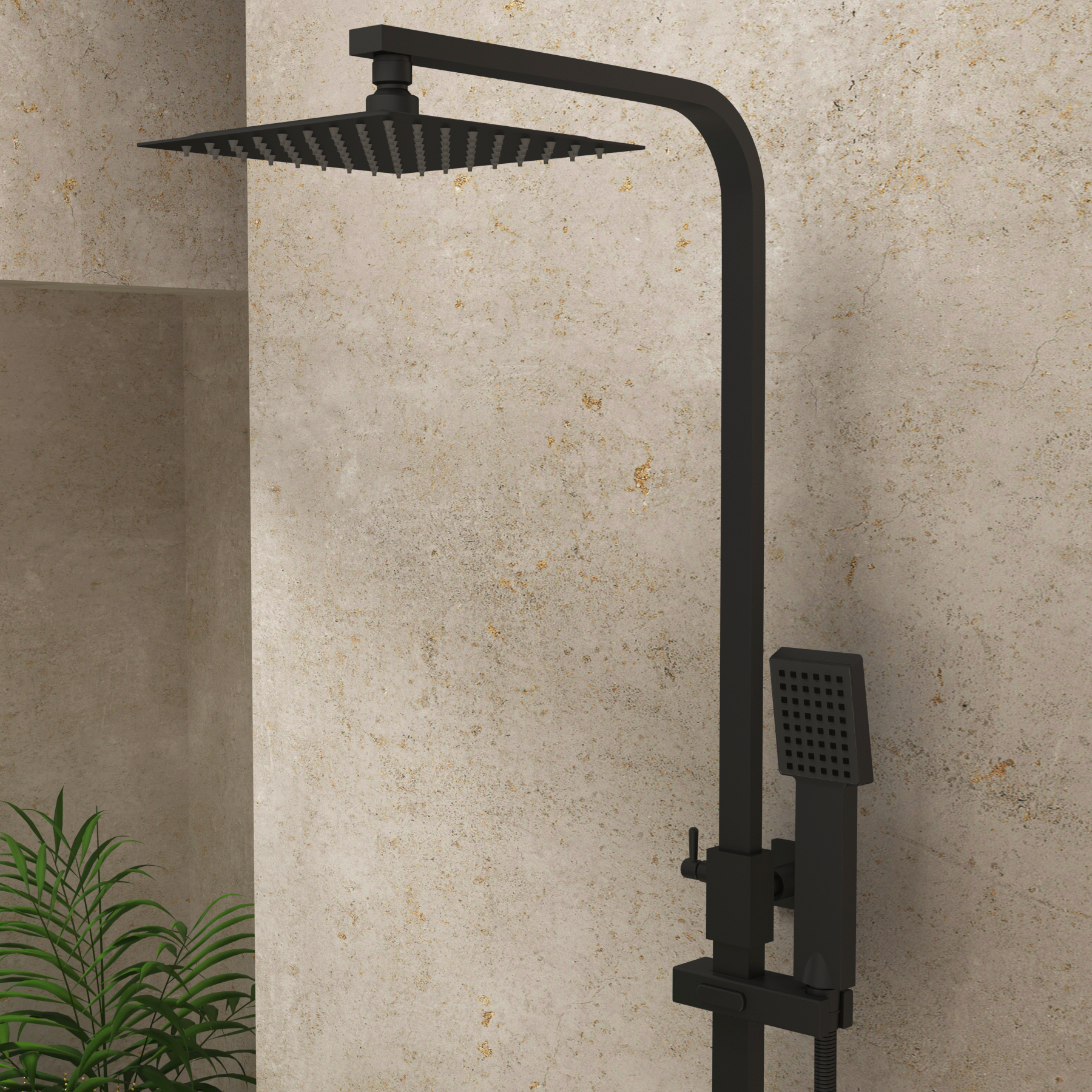 Euston Matt Black Square Thermostatic Valve Bar Rigid Riser Shower Set