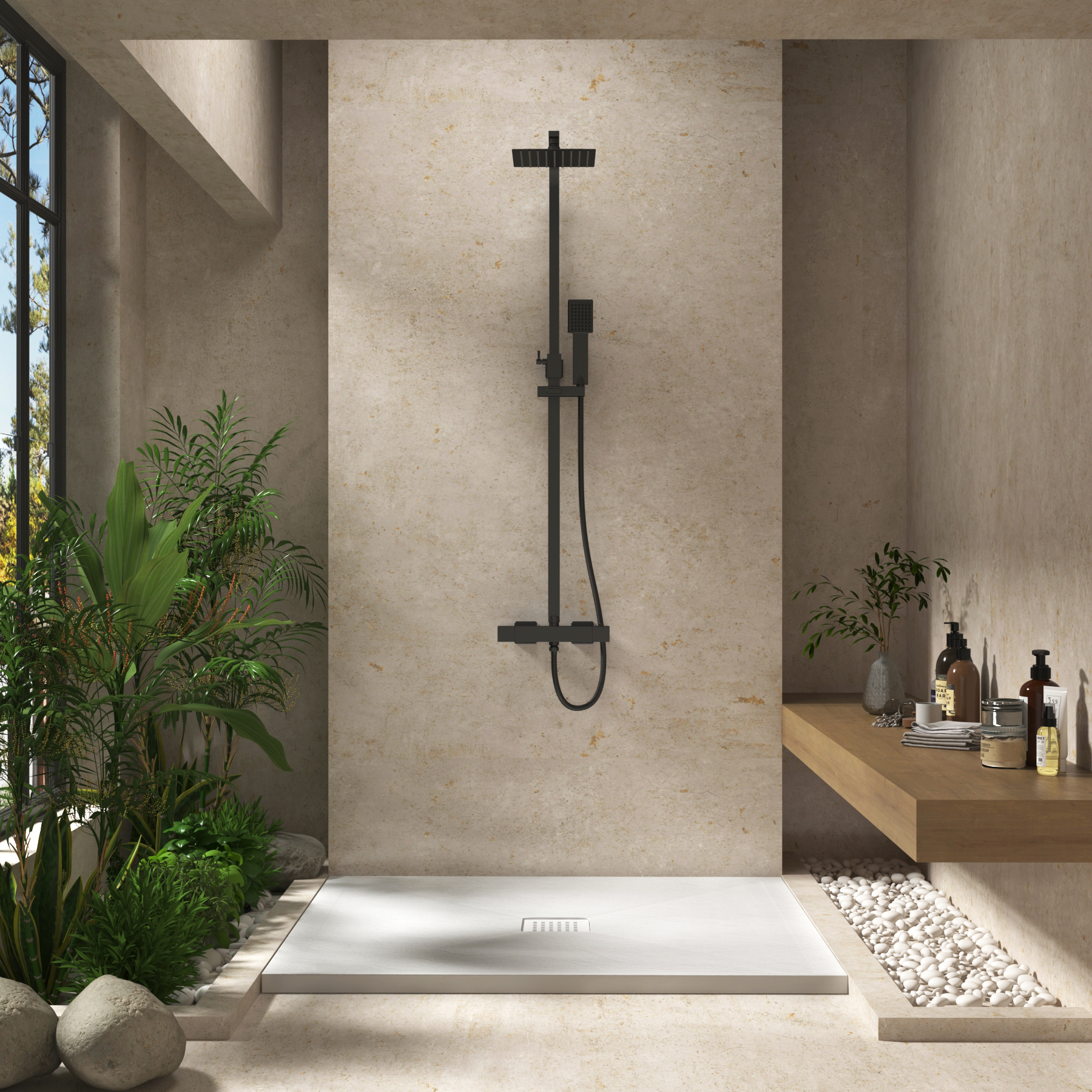 Euston Matt Black Square Thermostatic Valve Bar Rigid Riser Shower Set