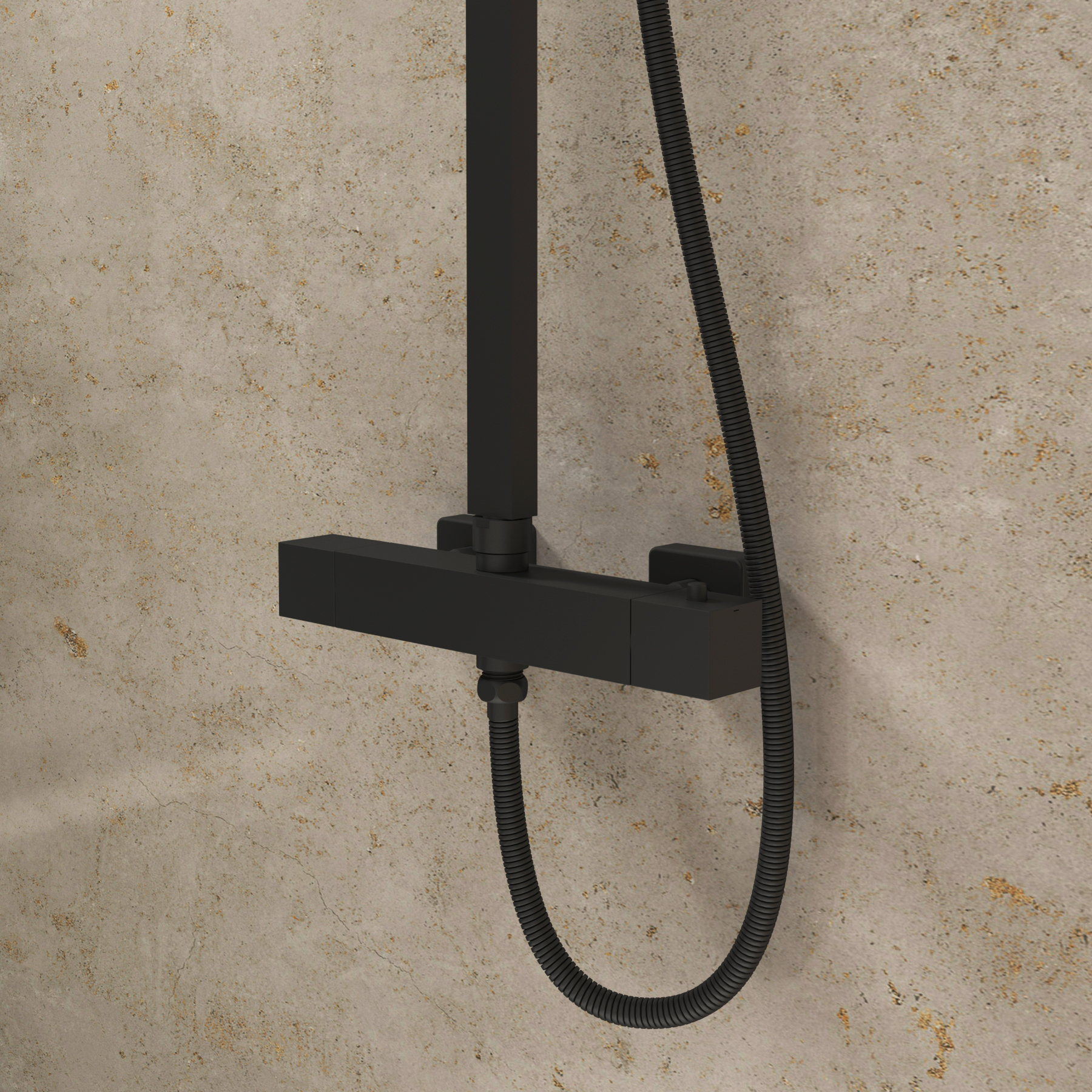 Euston Matt Black Square Thermostatic Valve Bar Rigid Riser Shower Set