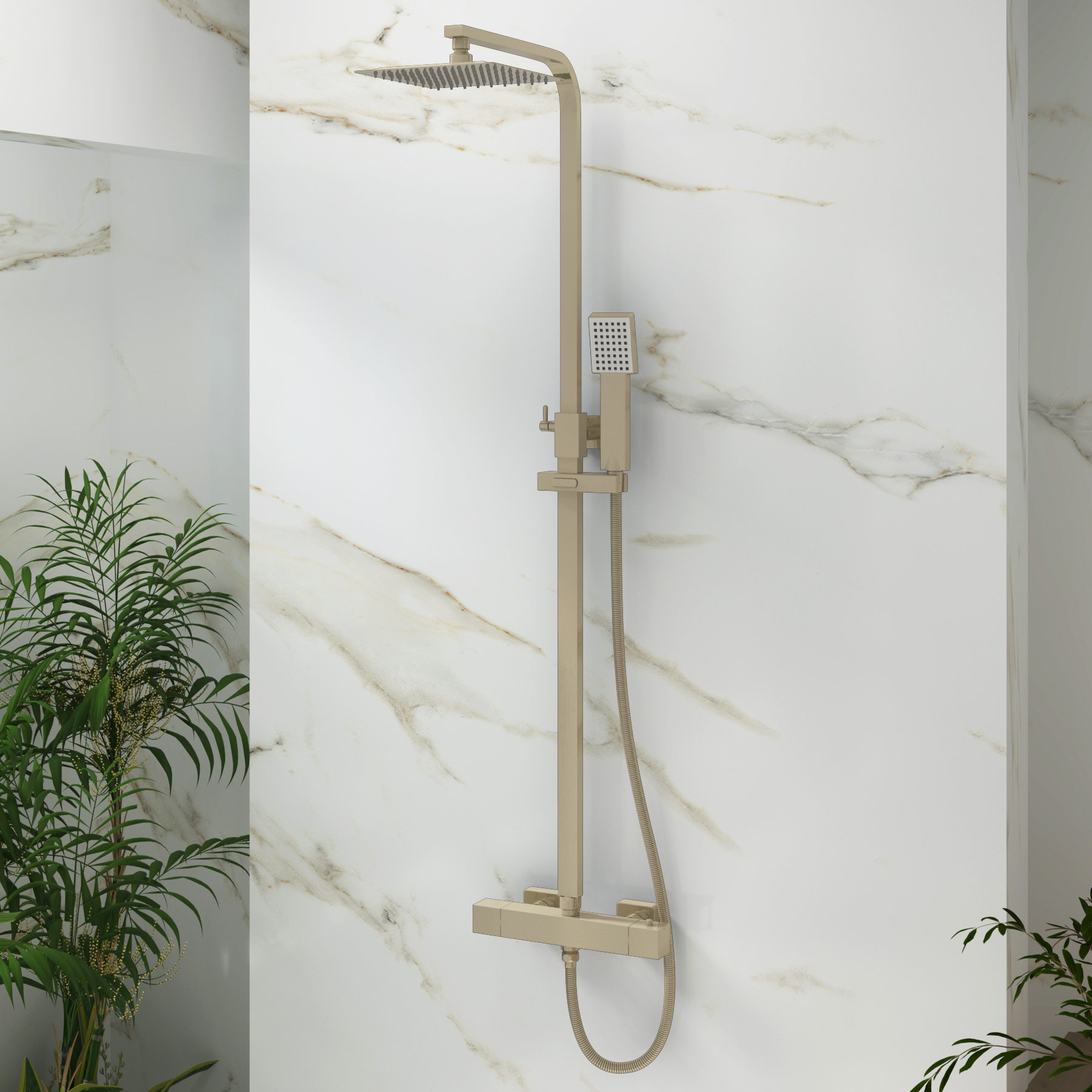 Euston Brushed Nickel Square Thermostatic Valve Bar Rigid Riser Shower Set