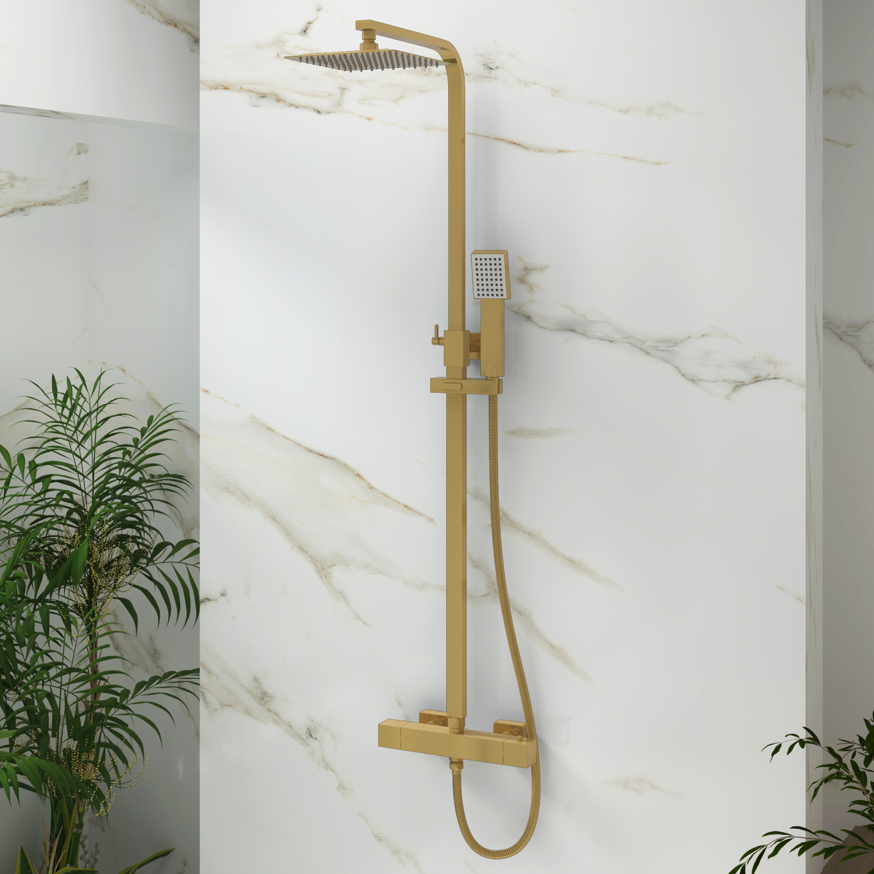 Euston Brushed Brass Square Thermostatic Valve Bar Rigid Riser Shower Set