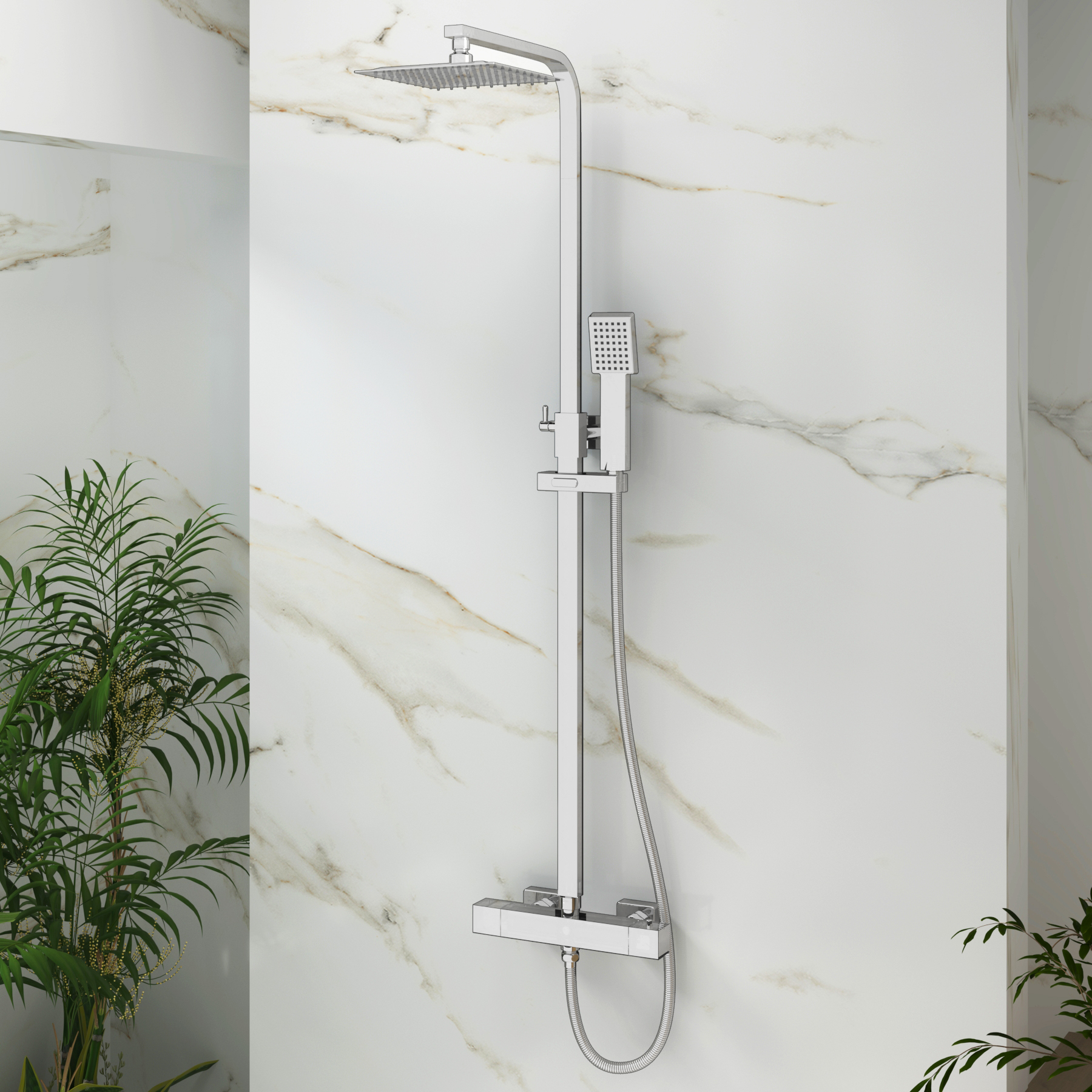 Euston Chrome Square Thermostatic Valve Bar Rigid Riser Shower Set