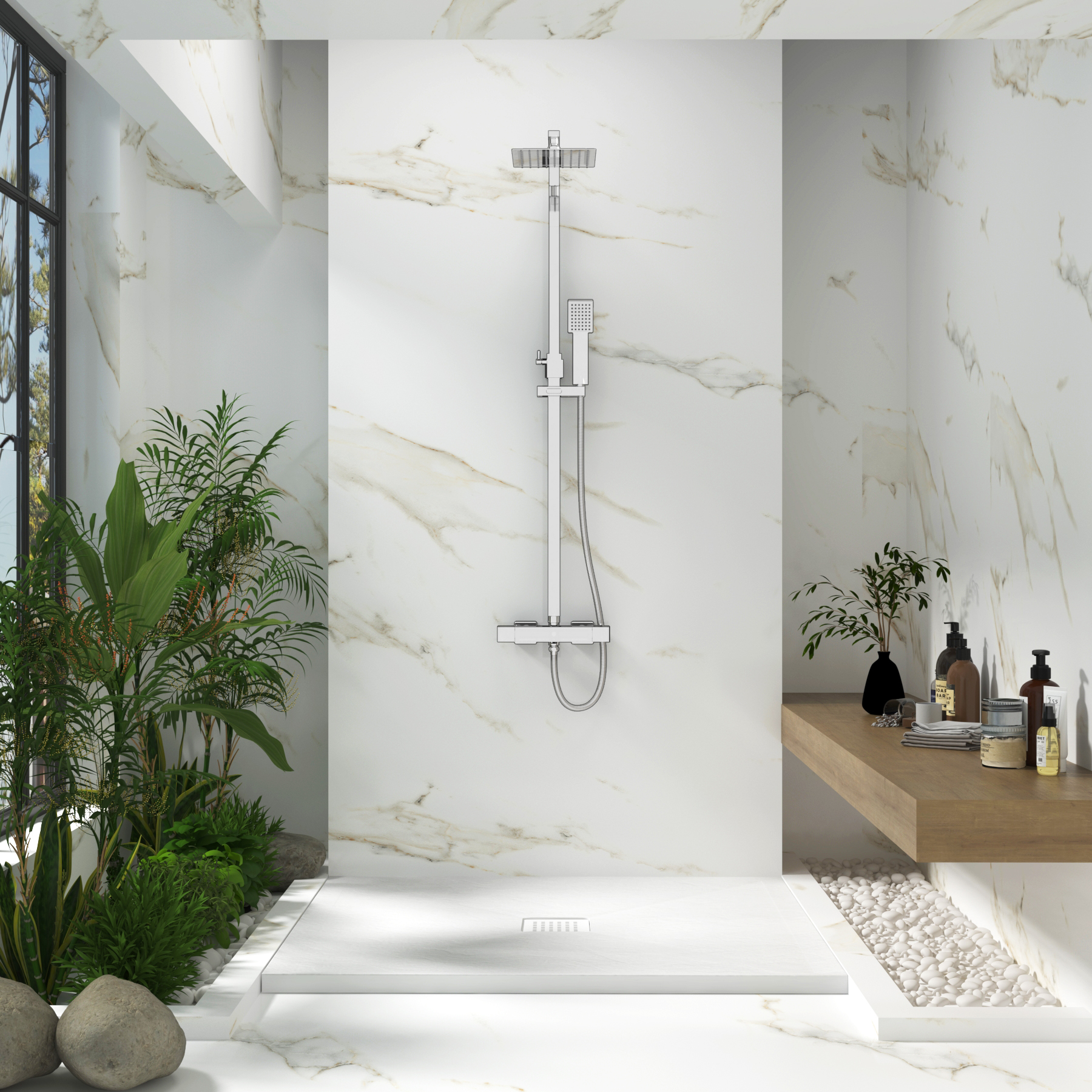 Euston Chrome Square Thermostatic Valve Bar Rigid Riser Shower Set