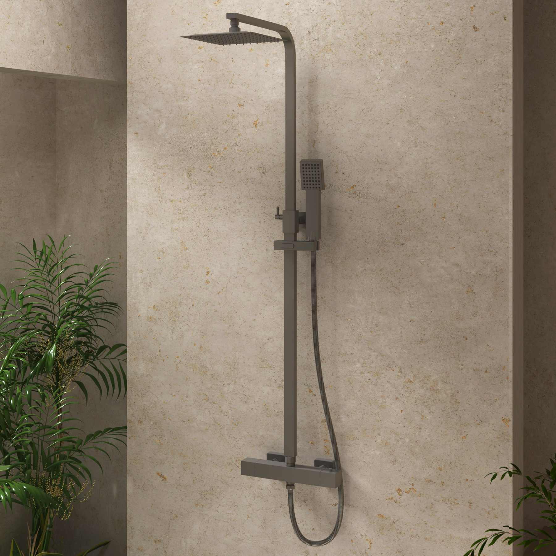 Euston Gun Metal Grey Square Thermostatic Valve Bar Rigid Riser Shower Set