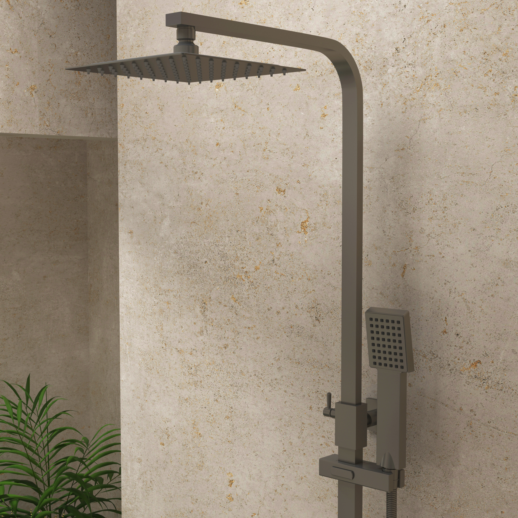 Euston Gun Metal Grey Square Thermostatic Valve Bar Rigid Riser Shower Set