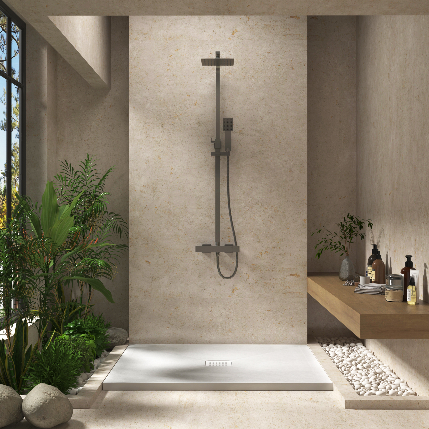Euston Gun Metal Grey Square Thermostatic Valve Bar Rigid Riser Shower Set