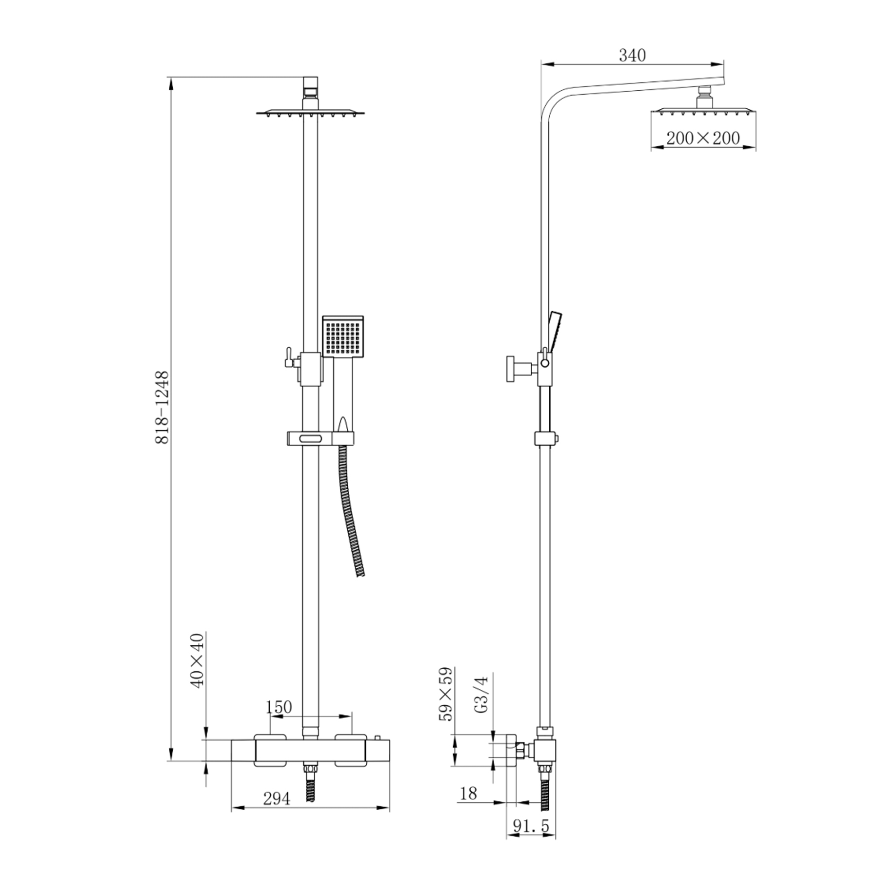Euston Brushed Brass Square Thermostatic Valve Bar Rigid Riser Shower Set