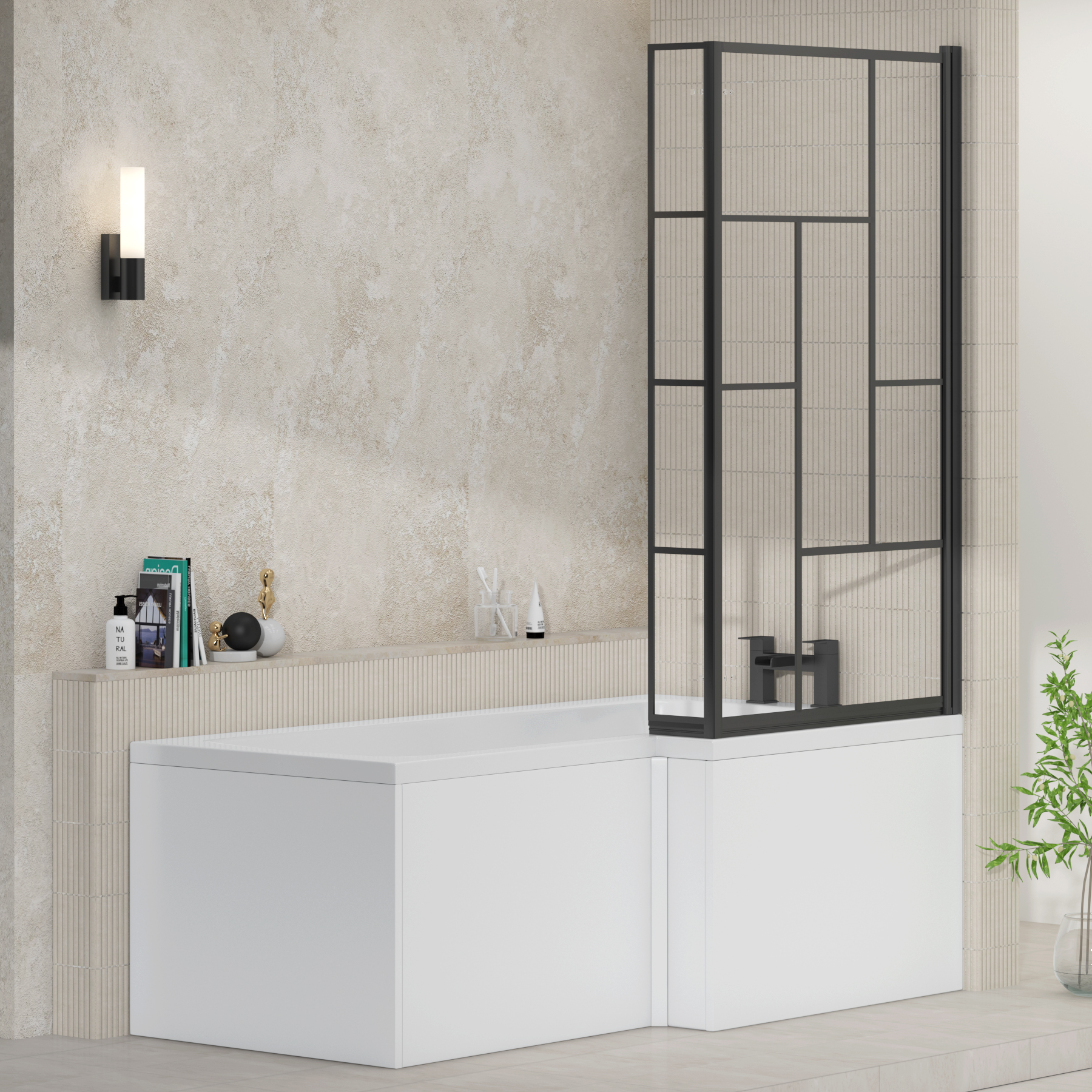 Qubix 1700 x 850mm Right Hand L Shaped Bathtub with Black Framed Abstract Grid Screen & MDF Gloss White Front Panel