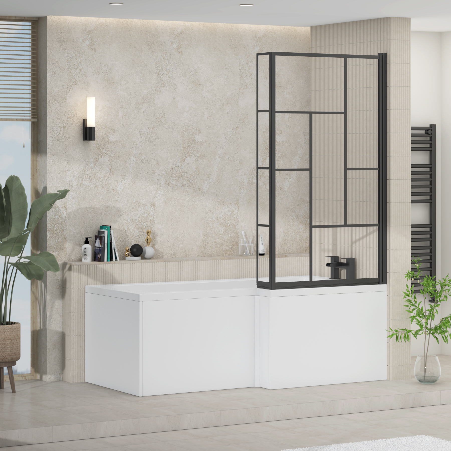 Qubix 1700 x 850mm Right Hand L Shaped Bathtub with Black Framed Abstract Grid Screen & MDF Gloss White Front Panel
