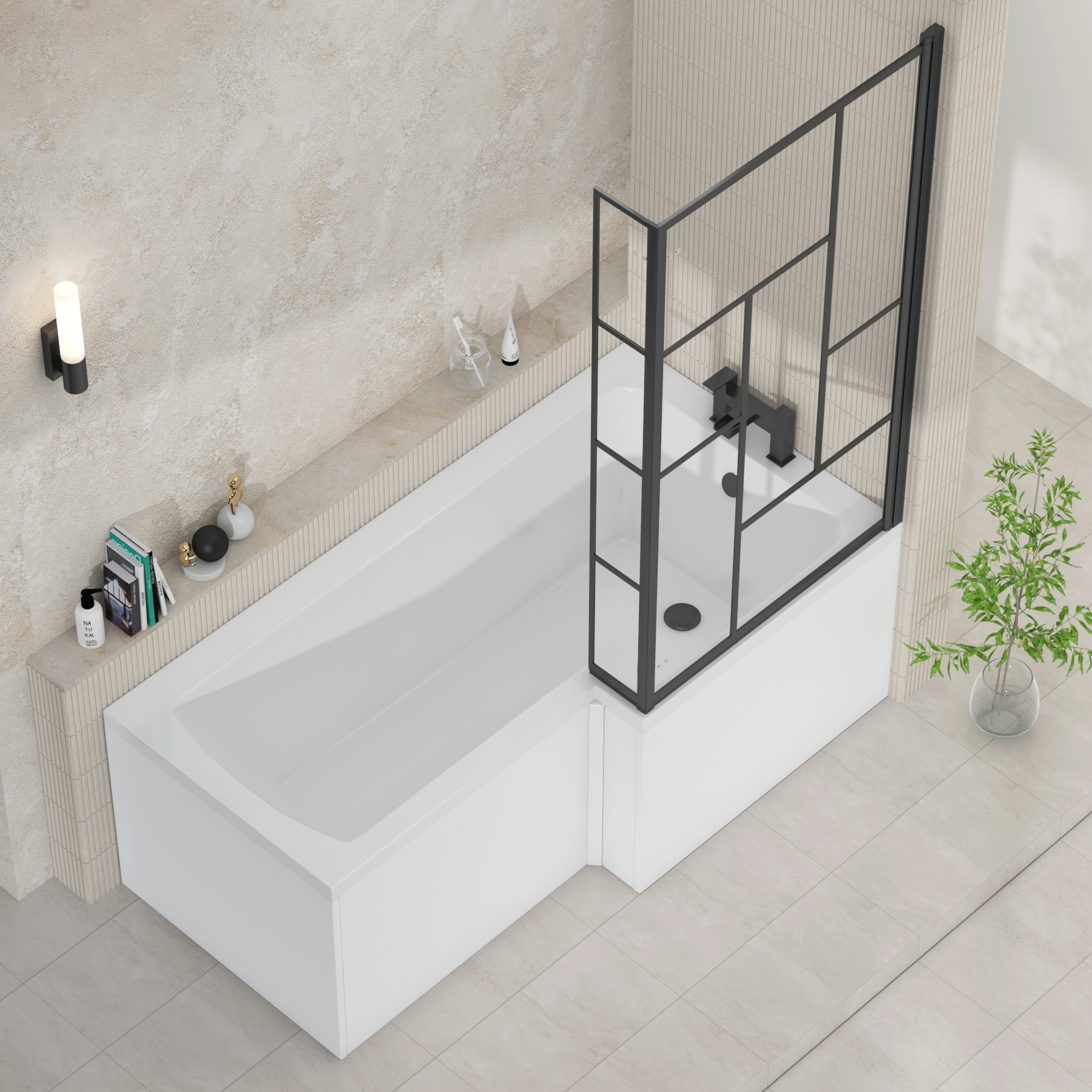 Qubix 1700 x 850mm Right Hand L Shaped Bathtub with Black Framed Abstract Grid Screen & MDF Gloss White Front Panel