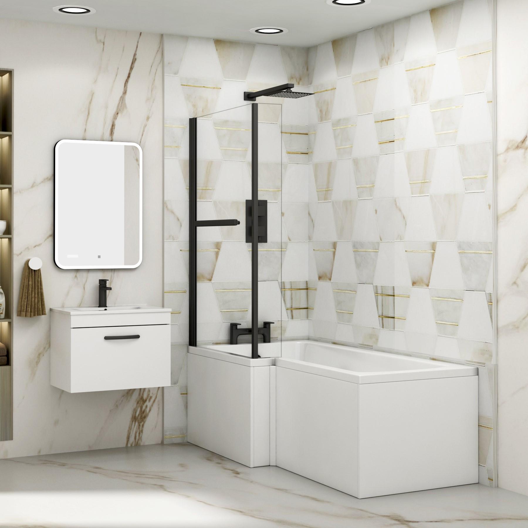 Modern Qubix L-Shaped Shower Bathtub with Black Screen & MDF Gloss White Front Bath Panel