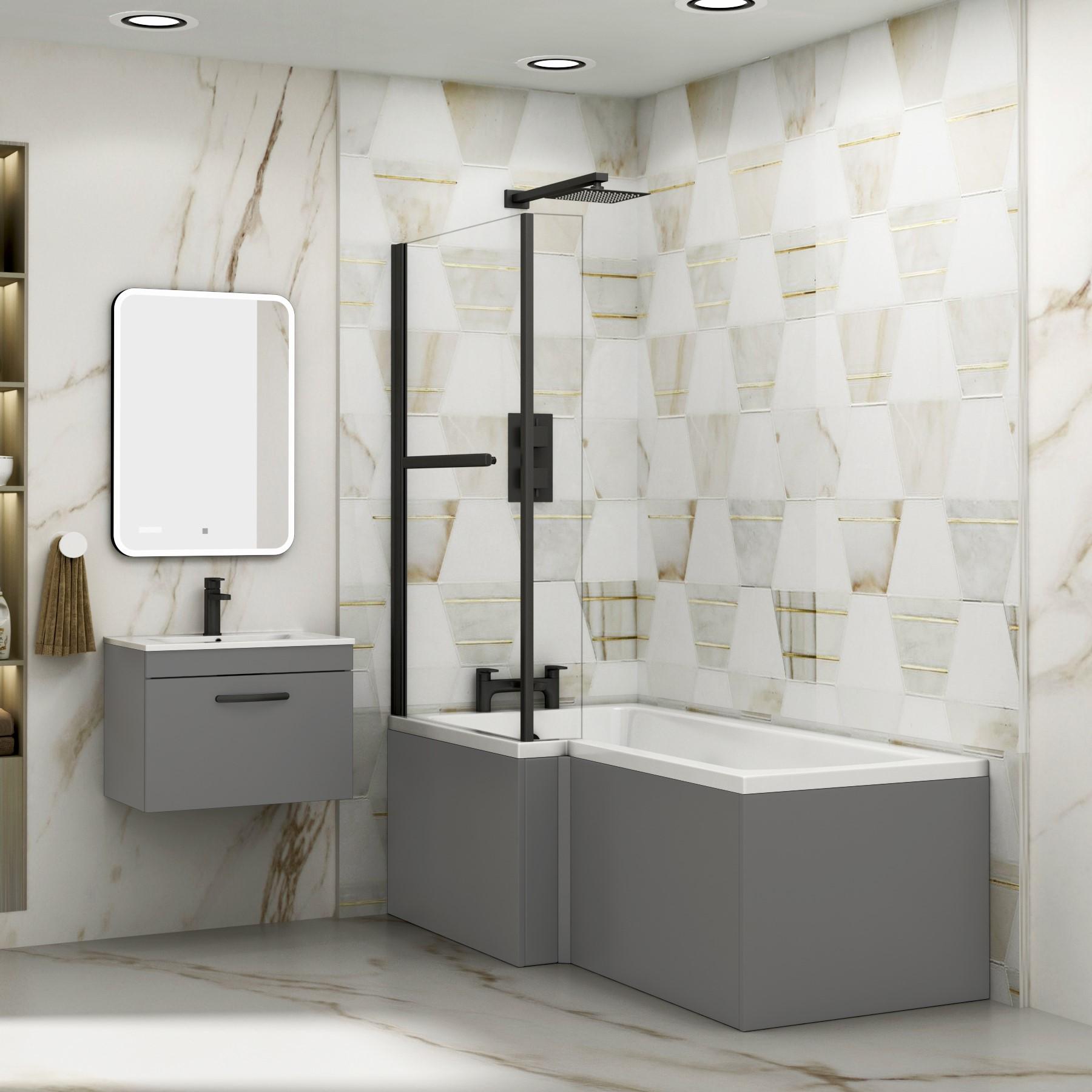 Qubix 1500 x 850mm Left Hand L Shaped Bathtub with Black Shower Screen & MDF Grey Gloss Panel