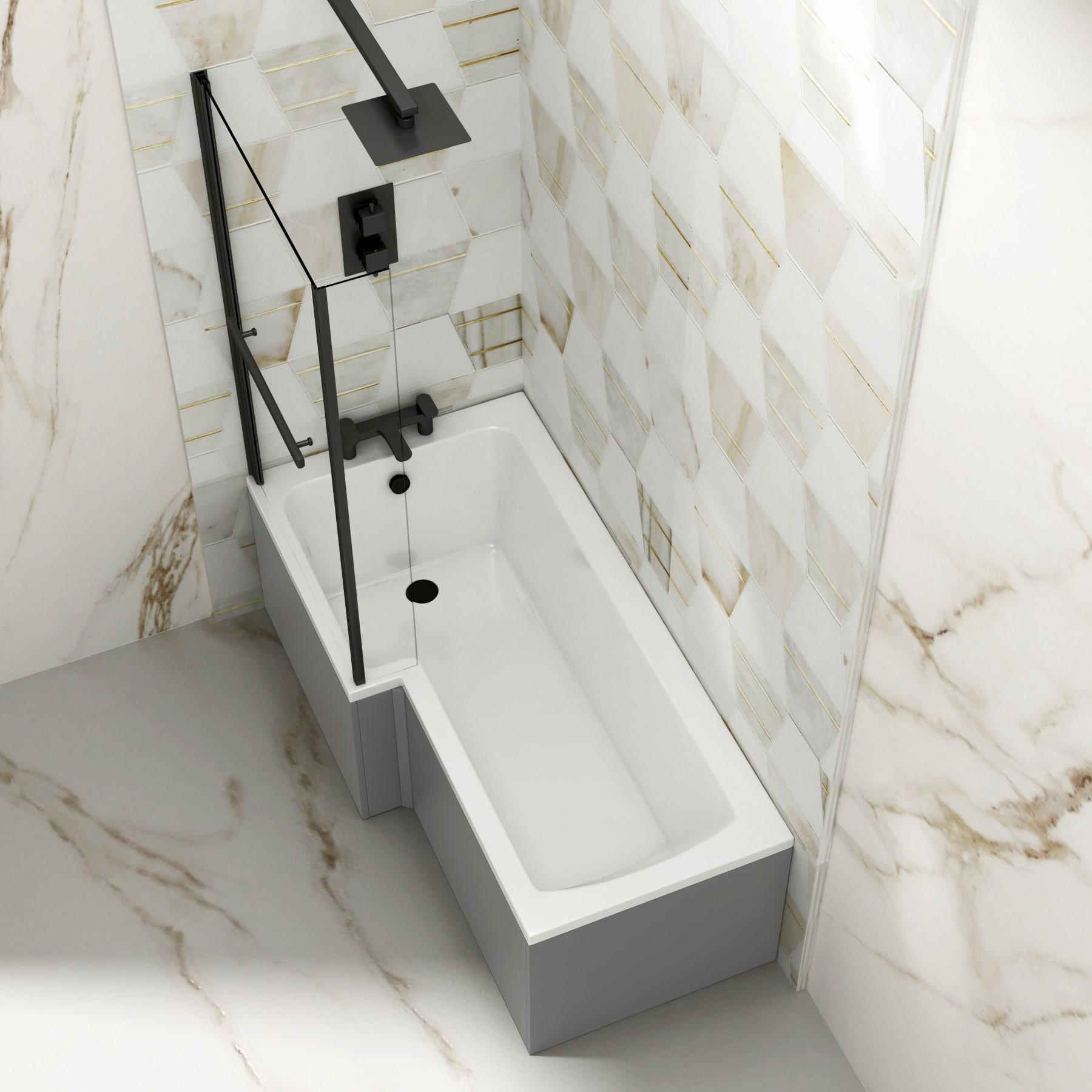 Qubix 1500 x 850mm Left Hand L Shaped Bathtub with Black Shower Screen & MDF Grey Gloss Panel